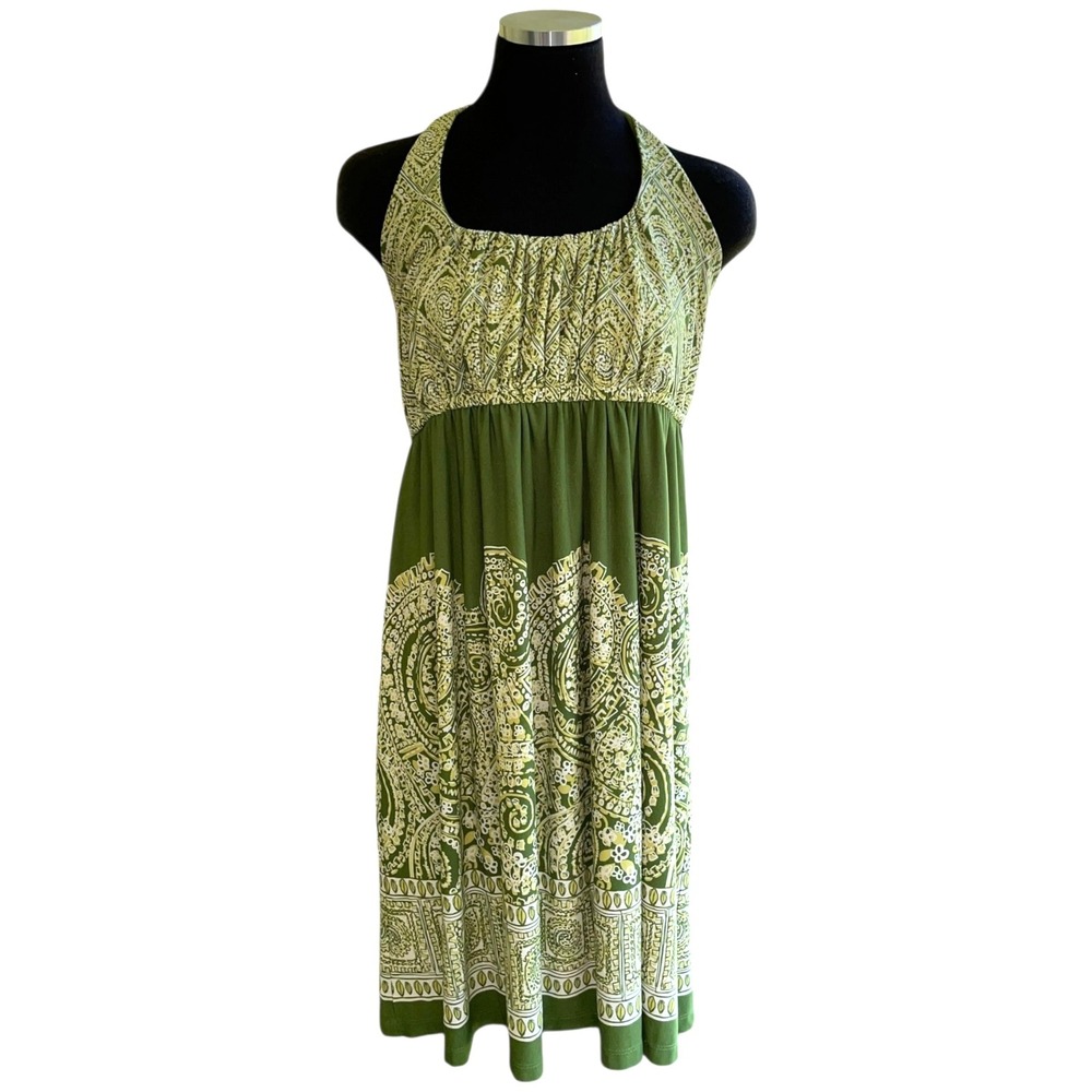 Vintage Y2K Halter Dress Size L Green Scarf Print Stretch Pleated‎ Bust Boho